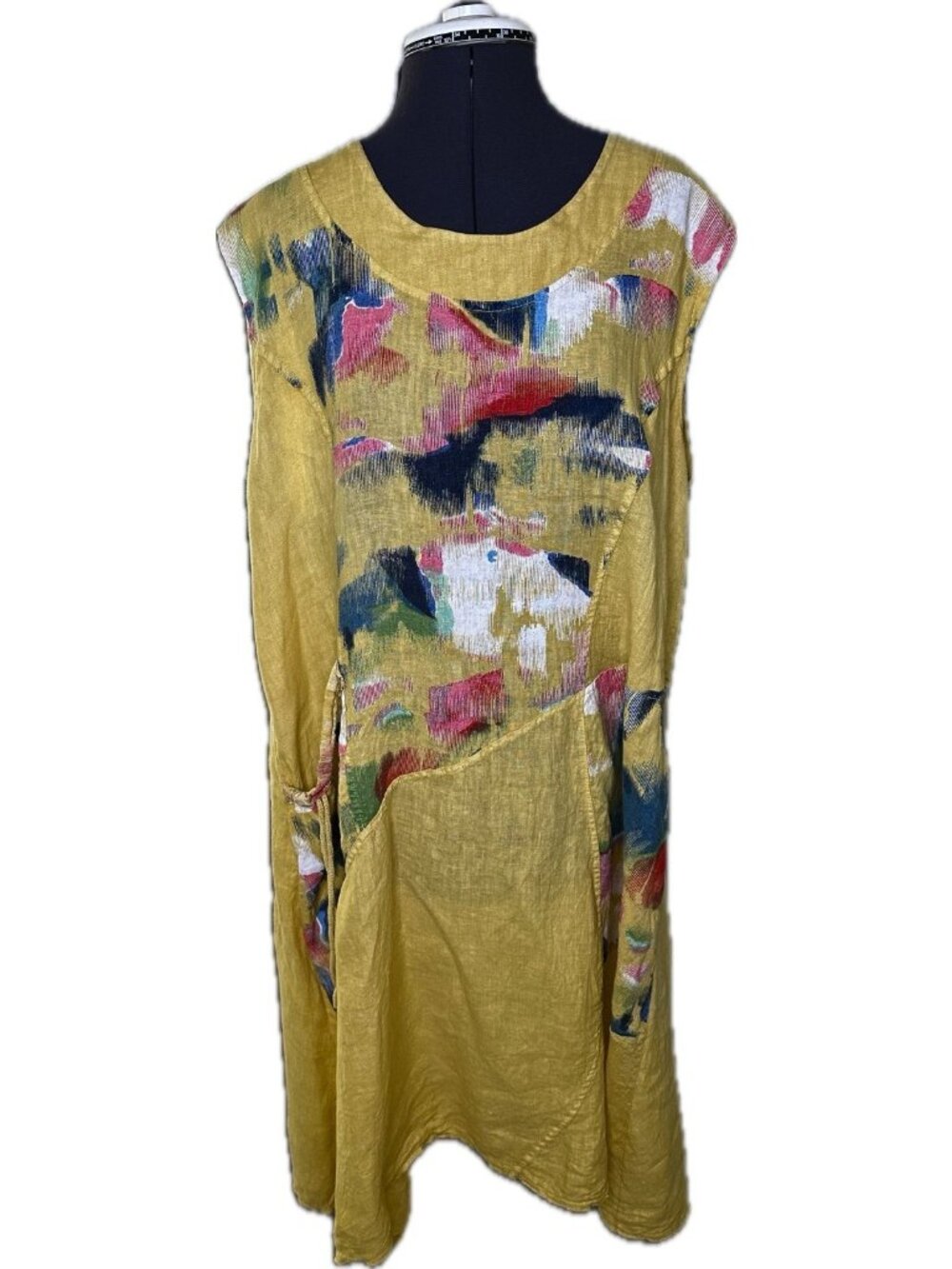 Transparente Italy Linen Artsy Dress Pockets Yellow Midi Size 1 XL